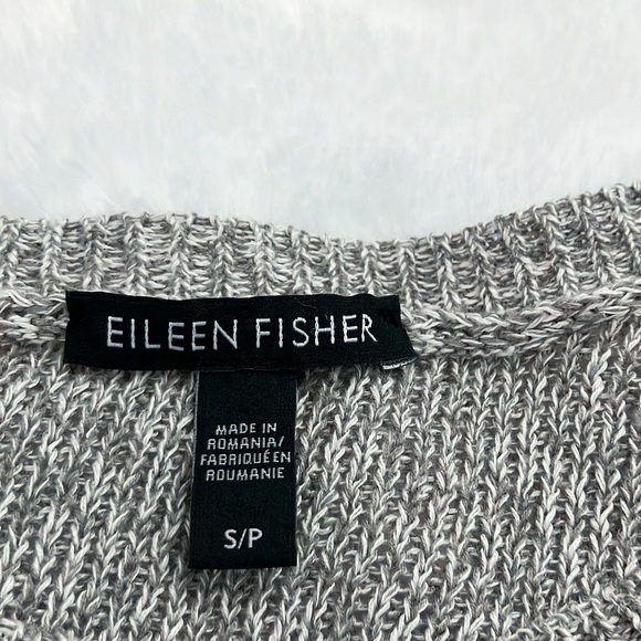 Like New Gray and White Marled Eileen Fisher Linen Cotton Blend V Neck Sweater - Picture 5 of 6